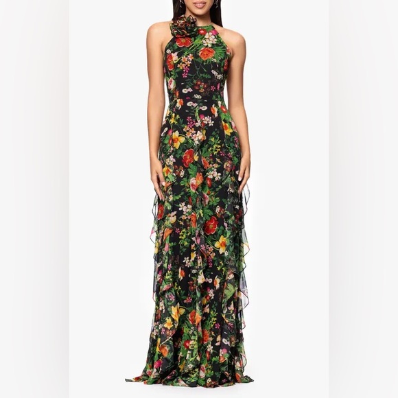 Betsy & Adam Women’s Floral Halter Neck Ruffle Gown Dress Size 10 Black Red - Picture 1 of 15